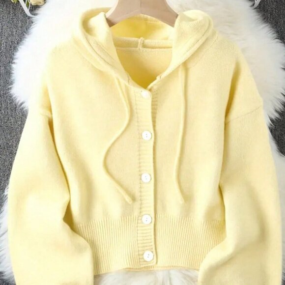 Yellow Casual Women's button down Long Sleeve Hooded Knit Cardigan - Picture 2 of 6